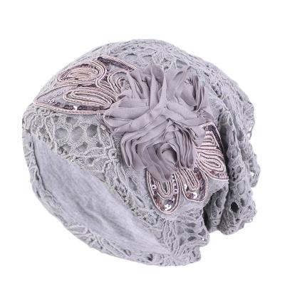 China Amazon Flower Mesh Baggy Turban Hat Chemo High Quality Sequined Turban Hat COMMON TTM-23 for sale