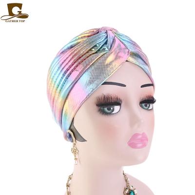 China Polyesyer New Arrival Fashion Rainbow Metallic Color Hijab Tied Muslim Women Turban TJM-416 for sale