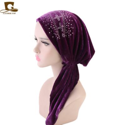 China New Velvet Women's Headwear Chemo Hat Beanie Sleep Cap Faux Velvet Head Scarf Pre Tied Turban TJM-04I for sale