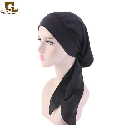 China New Design Silky Wide Band Plain Wide /100%Polyeaster Women Silky Turban Pre Tie Bow Girls Head Scarf TJM-329A for sale