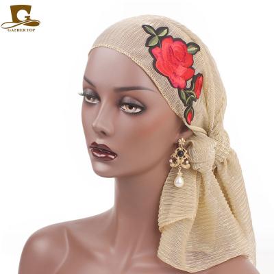 China Polyester Women Wrinkle Rose Flower Bandana Tichel Cancer Hat Nigerian Turban Turban Head Scarves TJM-327A for sale