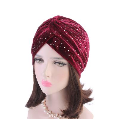 China New HeadWear Chemo Cap For Women Cancer TJM-21D Faux Stone Velvet Ruffle Turban for sale