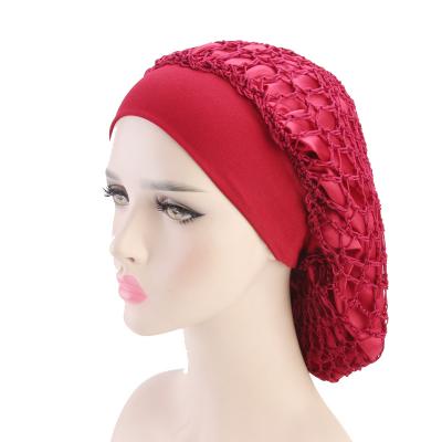 China Hair Slouchy TJM-400 Mesh Double Layer Chemo Cap Mesh Beanie Cap For Long Satin Polyester Women Band/100% Luxury Wide Brim Satin Hat Night Sleep for sale