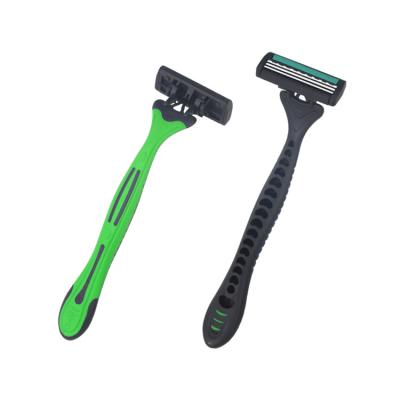 China Triple Blade Triple Razor Blade Sweden Stainless Blade With Lubricating Band Head Swivel Rubber Handle for sale