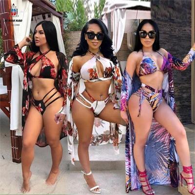 China 2022 Floral Print Halter Long Sleeve Swimwear 3 Crossover Bikinis Swimwear LXX719 Anti-UV Three Piece Swimsuit With Cover Ups for sale