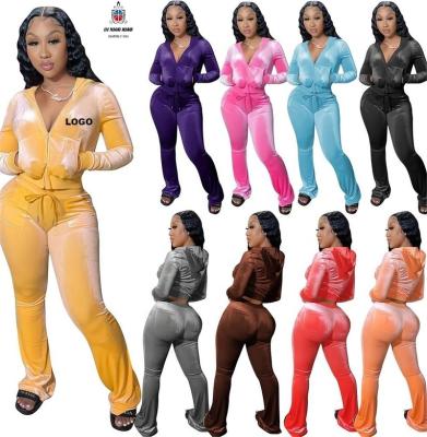 China LX4126 XS 2 Piece Zipper Hoodies Velor Breathable Velor Tracksuits Set Crop Top Velor Pants Jogging Sportswear Two Piece Velor Set Suit for sale