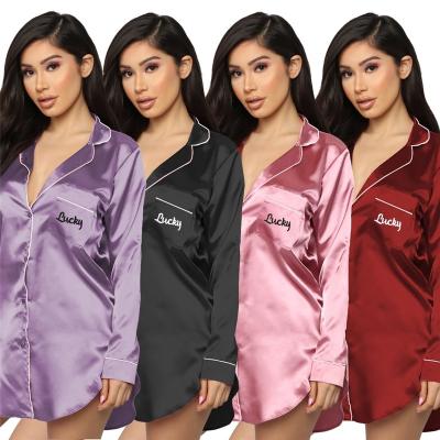 China QUICK DRY Customization Available Women's Long Sleeve Nightgown Sleepwear Tops Night Wear Size Pajamas Women Silk Sleepwear for sale