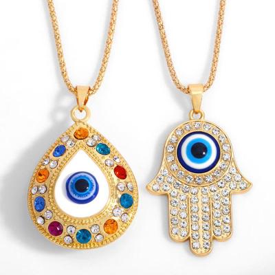 China Crystal Eyes Necklace Fashion Jewelry Fatima Hand Necklace 18k Gold Eyes Necklace for sale