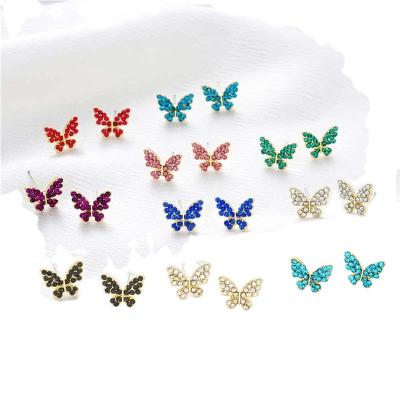 China FASHIONABLE colors butterfly crystal stud earrings for women or girls daily wearing jewelry for sale