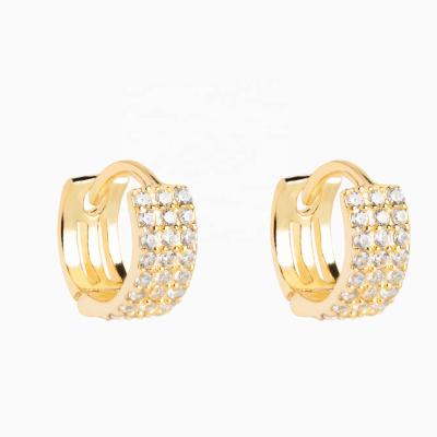 China Beaujuri CLASSIQUE 925 Sterling Silver 14K Gold Plated Diamond Paved Triple Row Huggie Circles Earrings for sale