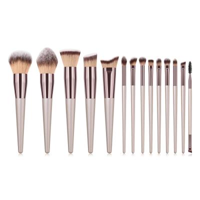 China Angular Blush OCM 14pcs Private Label Vegan Makeup Brush Gold Premium Conical Wooden Handle Champagne Cosmetic Makeup Brush Set for sale