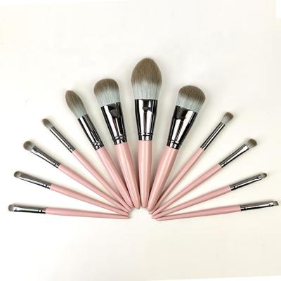 China Angular Blush Professional Private Label Makeup Brush OCM 12 Pcs Wooden Soft Synthetic Hair Pink Handle Cosmetic Brush Set for sale