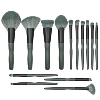 China Angular Blush OCM 14pcs Green Soft Hair High Quality Long Handle Foundation Cosmetic Makeup Brush Set for sale