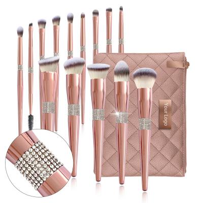 China Angular Blush OCM 14 PCS Private Label Premium Rose Gold Diamond Bling Crystal Makeup Brush Set for sale