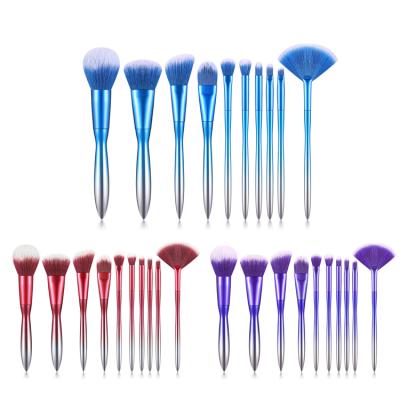 China Angular Blush OCM 10 Pcs Private Label Metal Purple Colorful Handle Red Blue Cosmetic Makeup Brush Set for sale