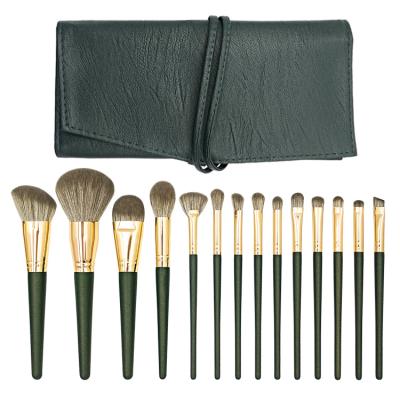 China Angular Blush 14 PCs OEM High Quality Green Makeup Brushes Custom Logo Brush Kit New Style Make Up for sale