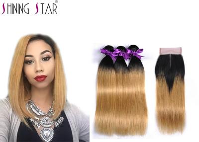 China Ombre Straight Human Hair 3Pcs Brazilian Hair Extensions Bundles With Closure Color 1B27 Hair Weave for sale