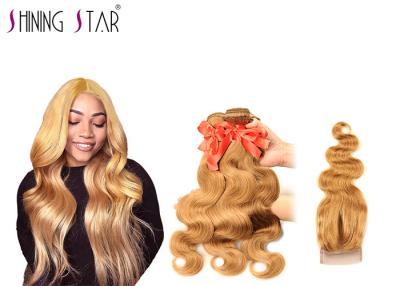 China Virgin Body Wave 4 Malaysian Hair Bundles With Closure Color 27 Gold Blonde for sale