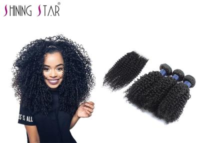 China Natural Black Kinky Curly Malaysian Hair Bundles With Lace Closure No Heeding for sale