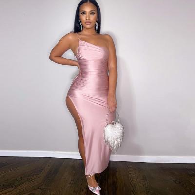 China New breathable hot sale one shoulder dress dress diagonal wrapped chest side one of the arrivals 2022 fashion maxi split dress sexy pink bodycon women for sale