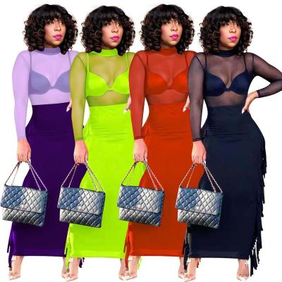 China 2022 Gauze Top Skirt Fashion Set Size Street Wear Club Style Long Sleeve Women Plus Size Transparent Two Piece Viable Neon Suits for sale