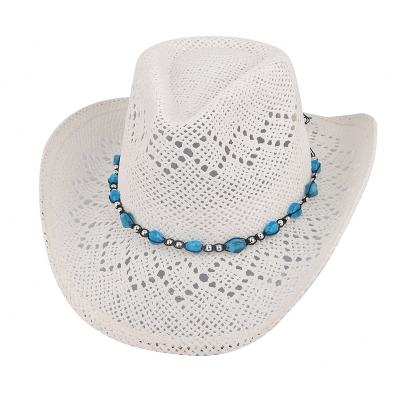 China White Picture Cowboy Hats For Women Paper Straw Hat With Stone Band for sale