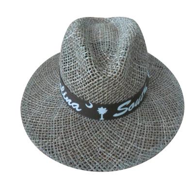 China Picture Straw Twine Classic Hollow Panama Hat With Printed Band for sale