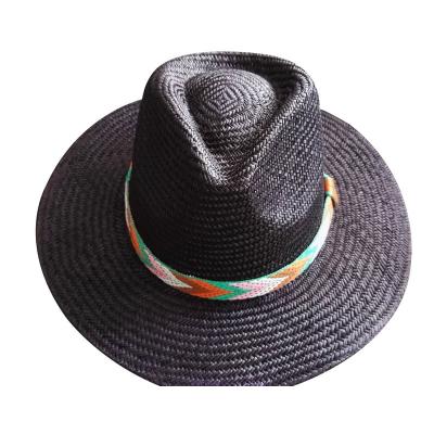 China Picture Palm Straw Made High End Panama Hat Black Color for sale