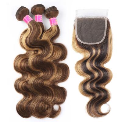 China Body Wave Highlight Body Wave Human Hair Bundles With 4*4 Closure P4/27 Colored 100% Virgin Human Hair Best Factory Price In Sale for sale