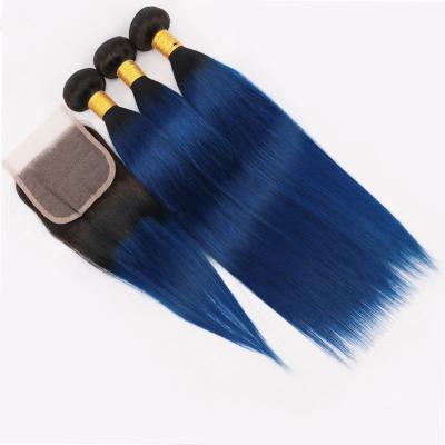 China Best Selling Silky Wave Straight Virgin Hair Straight Bundles Sew In Weave Ombre Machine 4x4 Blue Straight Bundles With Closure for sale