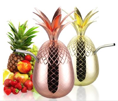 China Sustainable Fashion 24oz Copper Gold Color Plated Stainless Steel Pineapple Shape Glass Mug Cocktail Cup With Straw for sale