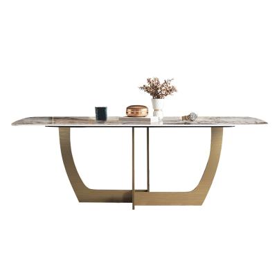 China Modern Hot Sale Square Shaped Stainless Steel Base Dining Tables 6 Marble Top Chairs Furniture Table Set for sale