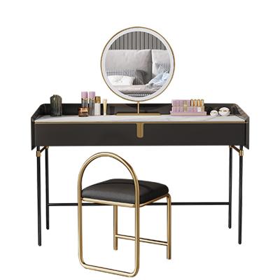 China (Height)Adjustable Bedroom Black Make Up Table Dressing Table Luxury Modern Vanity Table With Drawer Mirror Strip LED Suit for sale