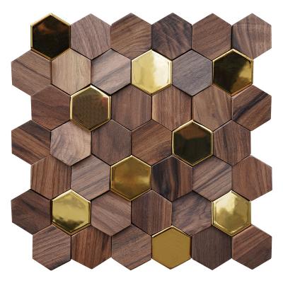 China Affordable 3D Slab Wood Pattern Mosaic Interior Wall Parquet Hexagon Panel Background Inlay Wall Decor for sale