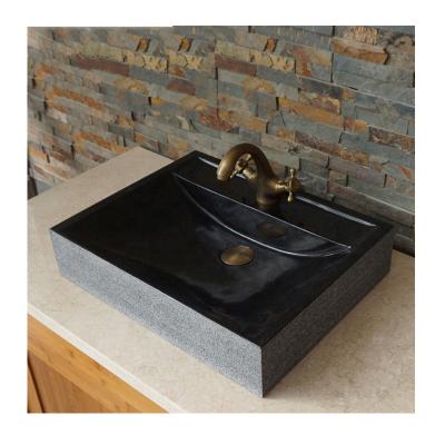 China Handmade Natural Stone Texture Black Stone Bathroom Sinks Rectangular Sink Stone Vessel Vanity Sinks for sale