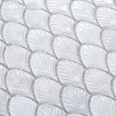 China Parquet Fish Scales High End Luxury Decor Glass Mosaic Tiles White Fan Shape Pattern Wall Slab Mosaic Kitchen Backsplash for sale