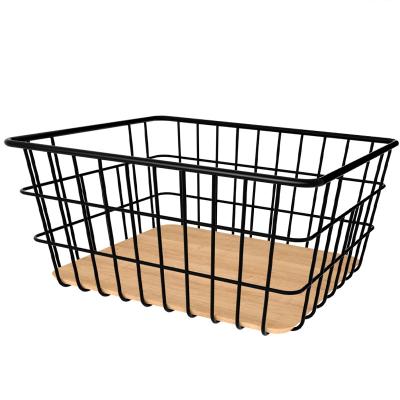 China Modern Iron Wire Locker Metal Wooden Basket Metal Storage Bins Bins Baskets With Board For Sundries Desktop Storage for sale