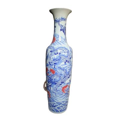 China Traditional Big Blue and White Dragon and Fish Design Floor Porcelain Vase RYFJ09 for sale