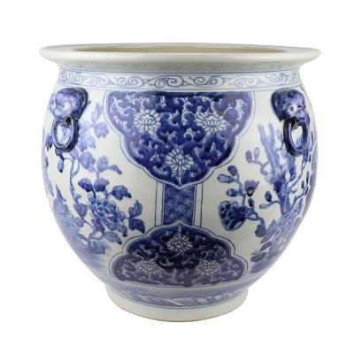 China RZSC04 Traditional Blue and White Porcelain Floral and Fish Pattern with Four Ears Ceramic Storage Jar for sale