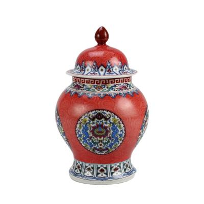 China Red Antique Ceramic Freshness Preservation RZFT02 China Flower Pattern Candle Button Lid Jar Storage Jar for sale