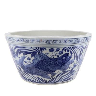 China RZSD04 Chinese Style Blue and White Fish Algae Pattern Ceramic Planter Flower Pots Porcelain Fish Bowl for sale