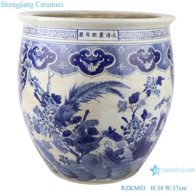 China RZKM03 blue and white viable of Qing Dynasty Kangxi year flower and bird fish tank aquarium water tank for sale