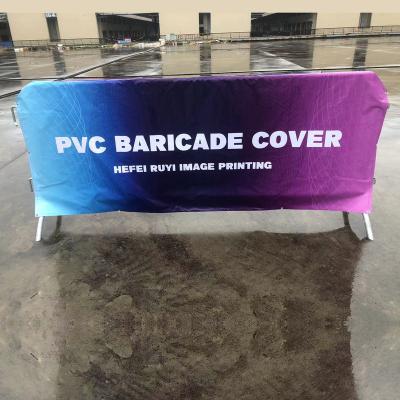 China Outdoor Advertising Display 13oz PVC Vinyl Printed Barricade Crowd Control Barrier Cover With Tape And Magic Grommets for sale