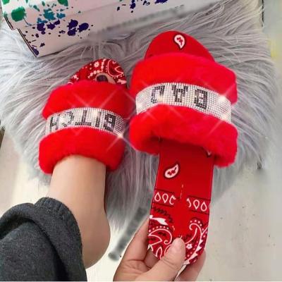 China Wholesale fashion trend ladies slippers autumn plush furry ladies printing color embroidery uniterm fluffy slippers for sale