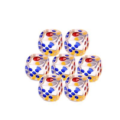 China Game Playing 14mm Large Transparent Dice Red Dot Dice Special Bar Nightclub Entertainment Acrylic Crystal Dice And Blue And Yellow for sale