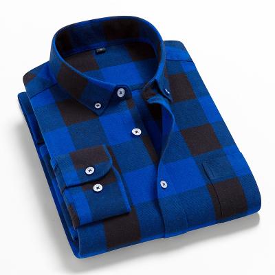 China Men's High Quality 100% Cotton Plaid Flannel Anti-pilling Business Casual Dress Long Sleeve Male Social Dress Shirts for sale