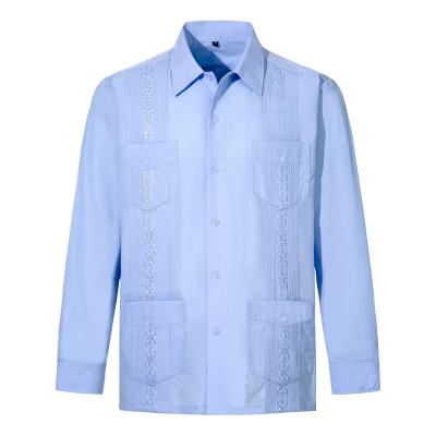 China High Grade Anti-pilling Men's Long Sleeve Four Pockets Fold Front Guayabera Shirt For Men for sale