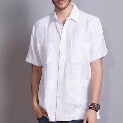 China Anti-pilling Mens Solid Color Short Sleeve Canvas Look Pleats Casual Guayabera Fit Shirt for sale