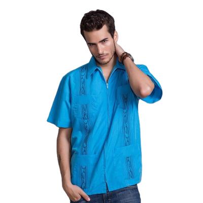 China Yiwu factory wholesale custom men's cotton embroidery casual guayabera shirt anti-pilling for sale