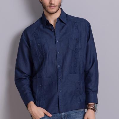 China 2021 Long Sleeve Designer Polycotton Embroidery Casual Canvas Guayabera Anti-pilling Pleats Shirt For Men for sale